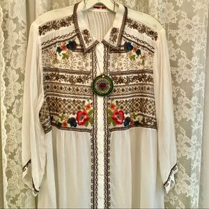 JOHNNY WAS * NWOT Sheer Embroidered Button Front Collared Top